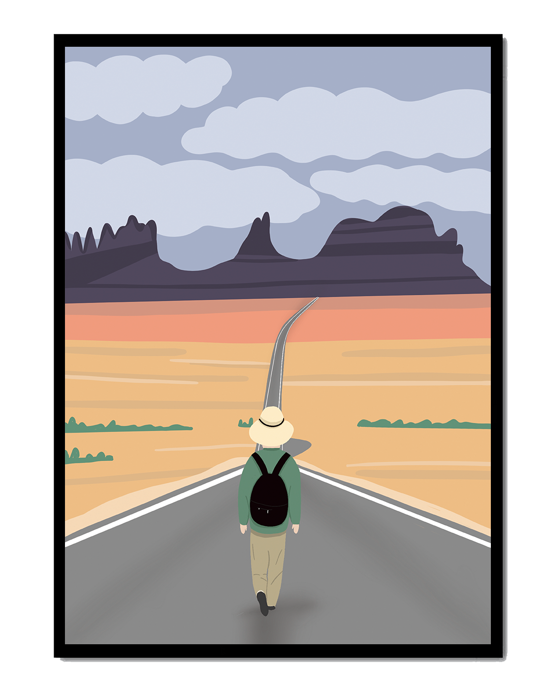 Traveler Walking on Endless Road Toward Mountains