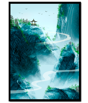 Paisaje montañoso sereno con pagoda y río serpenteante