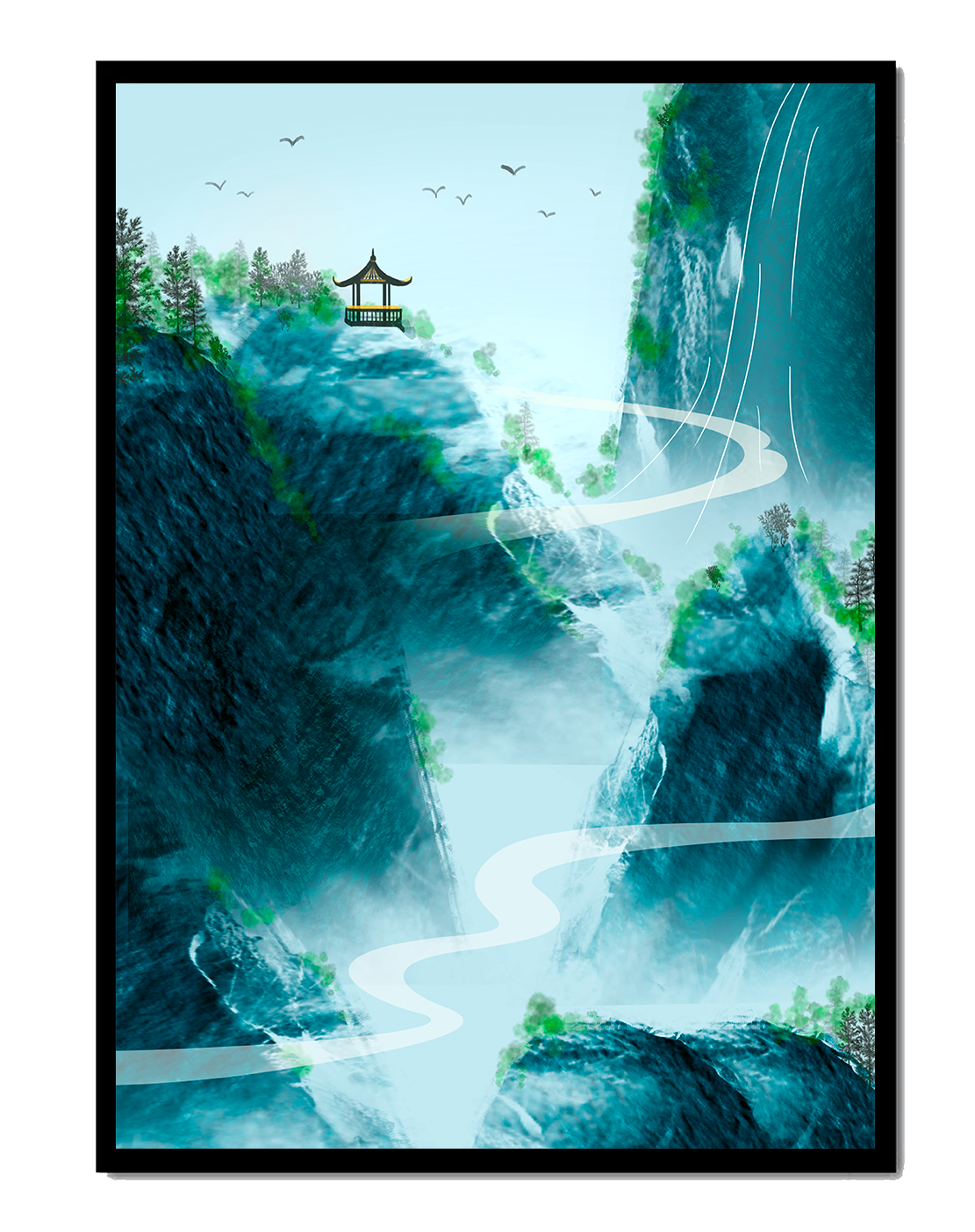 Paisaje montañoso sereno con pagoda y río serpenteante