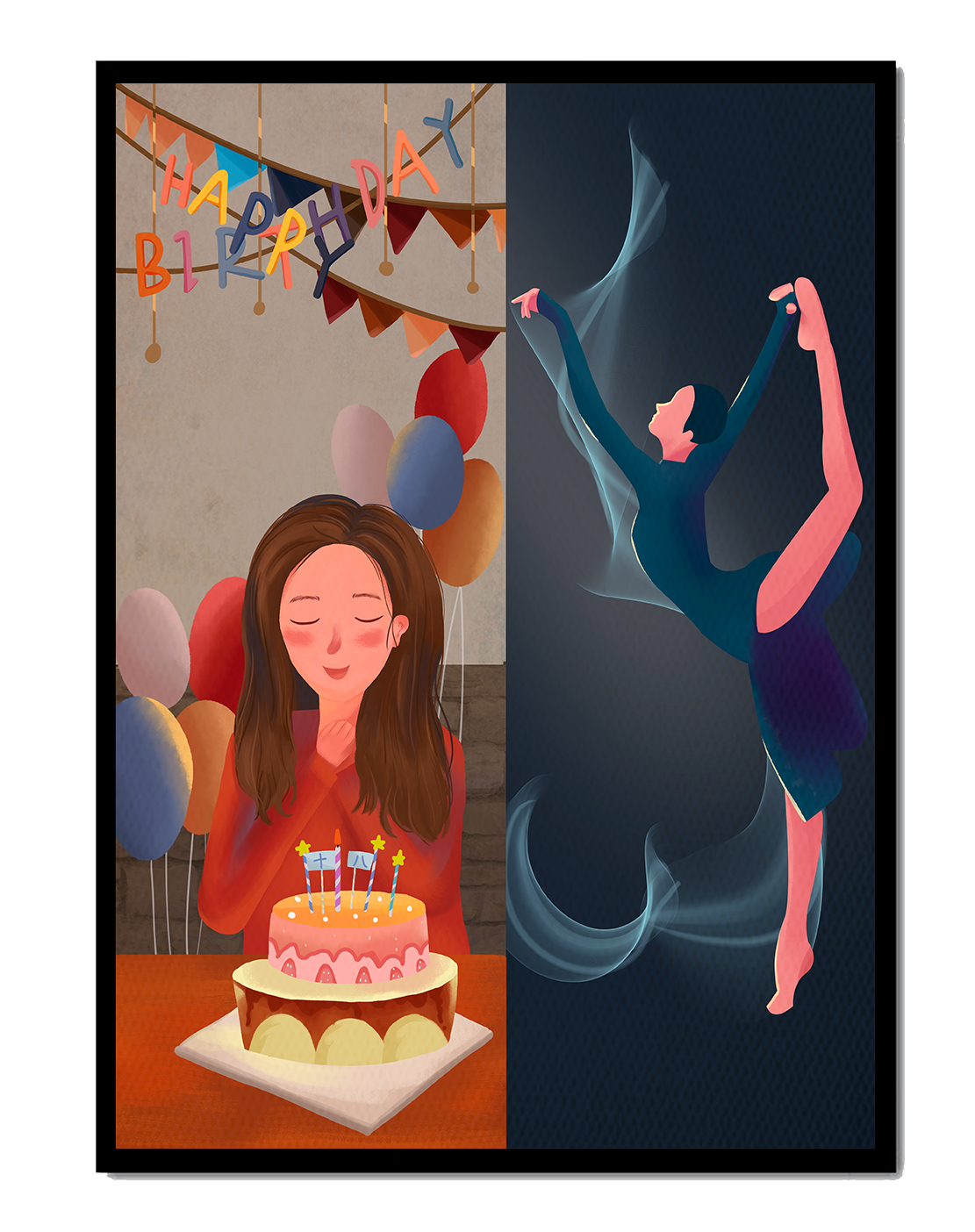 Birthday celebration illustration with cake and dancing figure
