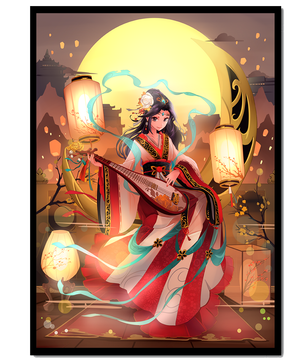 Traditional Asian woman playing musical instrument under moonlight