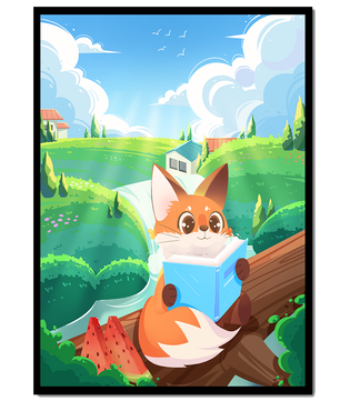 Fox Reading a Book in Scenic Green Landscape with Watermelon Slices