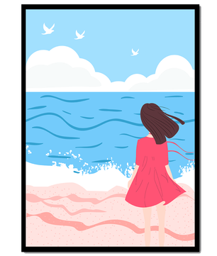 Serene seaside illustration with a girl in a pink dress gazing at the ocean
