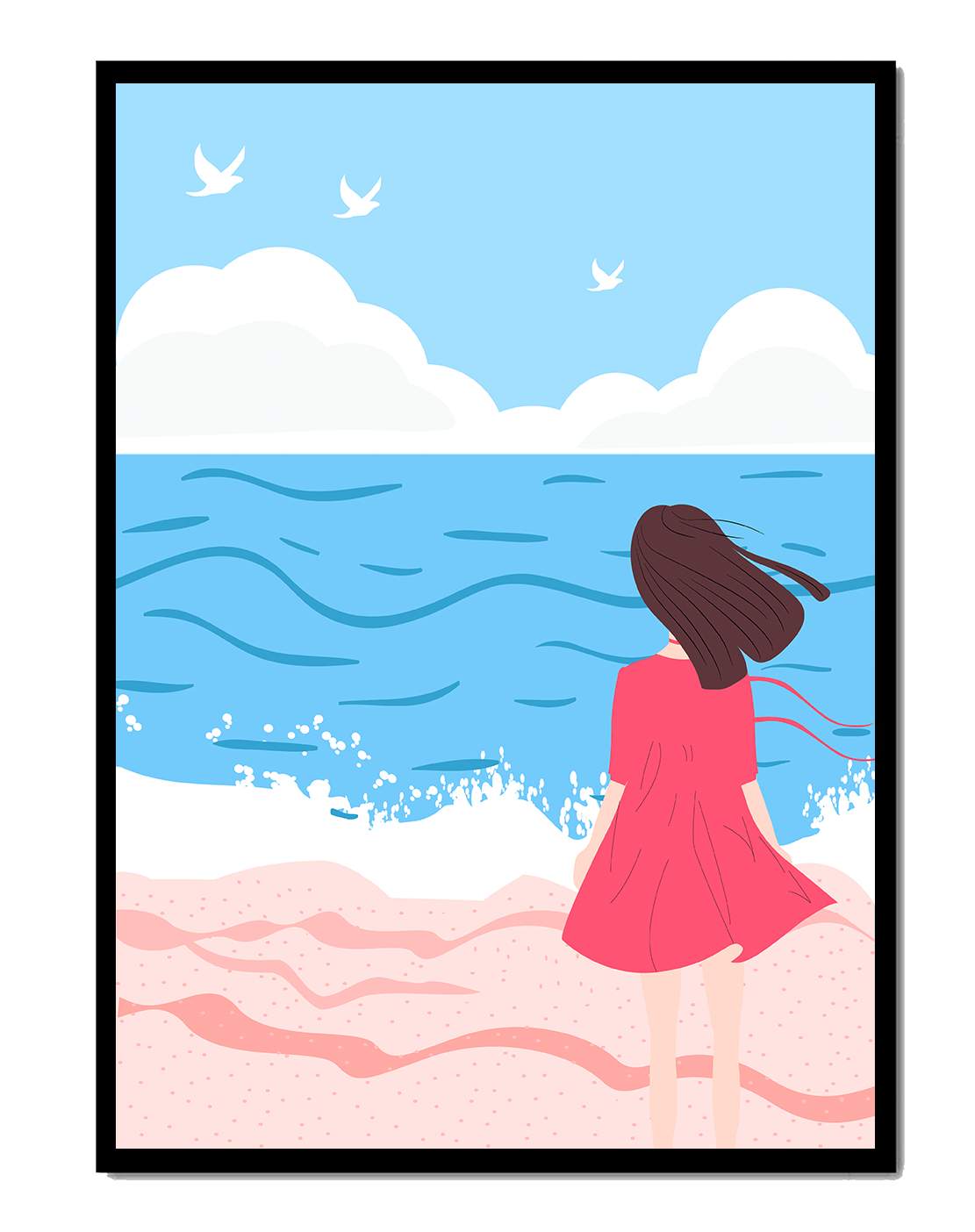 Serene seaside illustration with a girl in a pink dress gazing at the ocean