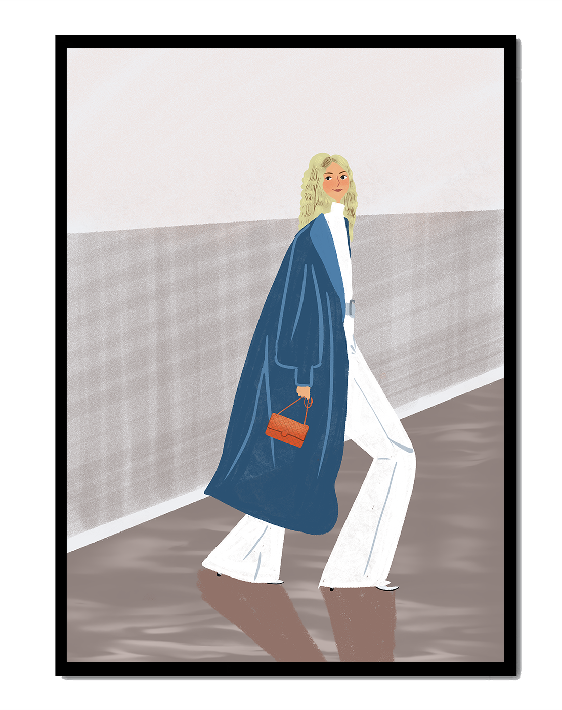 Fashionable Woman in Long Blue Coat Walking Along Corridor with Orange Handbag