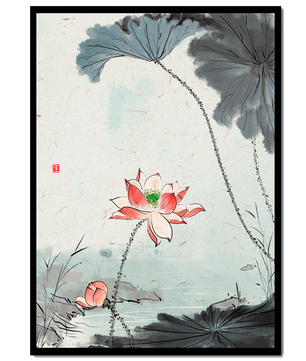 Aquarell Lotusblüte mit Seerosenblättern in ruhiger Szene