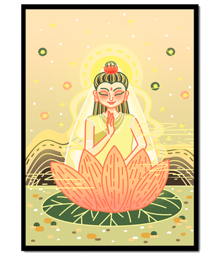 Heitere Illustration einer meditativen Figur auf einem Lotus mit himmlischem Hintergrund