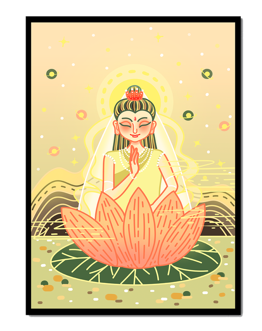 Serene illustration of meditative figure on a lotus with celestial background
