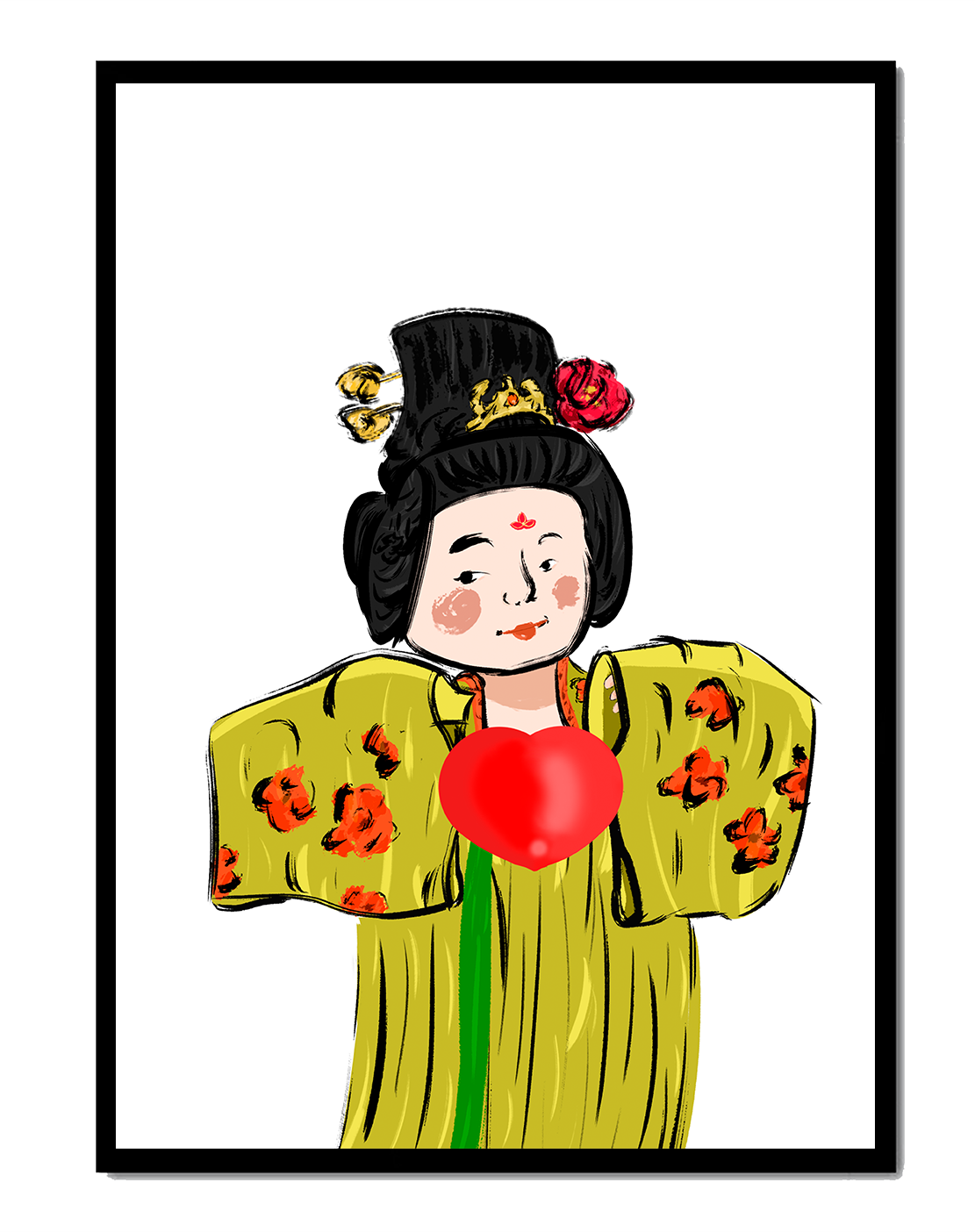 Illustration of a traditional figure in vibrant attire with a heart symbol