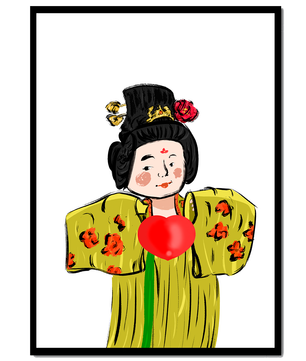 Ilustración de una figura tradicional con atuendo vibrante y un símbolo de corazón