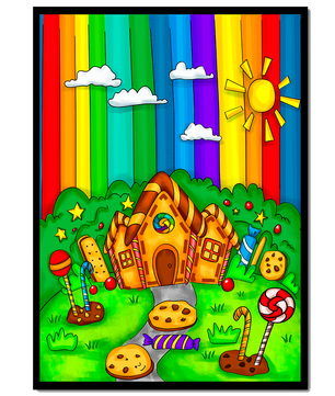 Whimsical candy house in a vibrant rainbow landscape