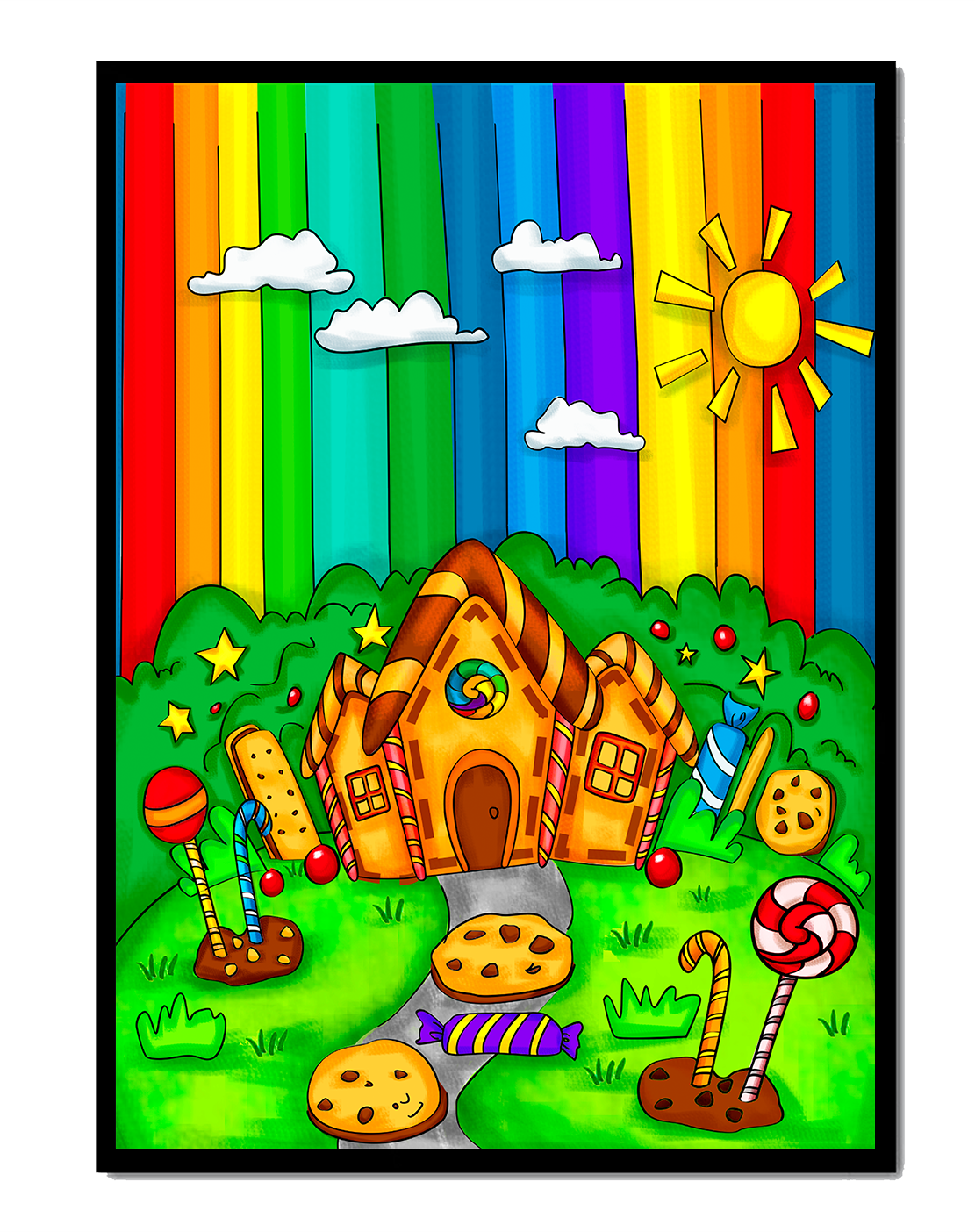 Whimsical candy house in a vibrant rainbow landscape