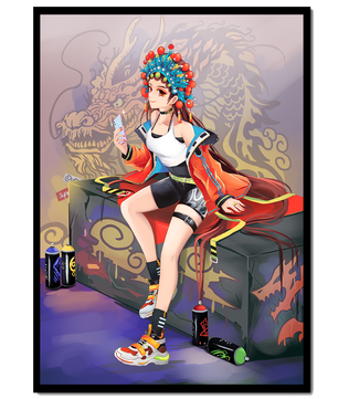 Anime art of a girl in traditional attire with urban elements