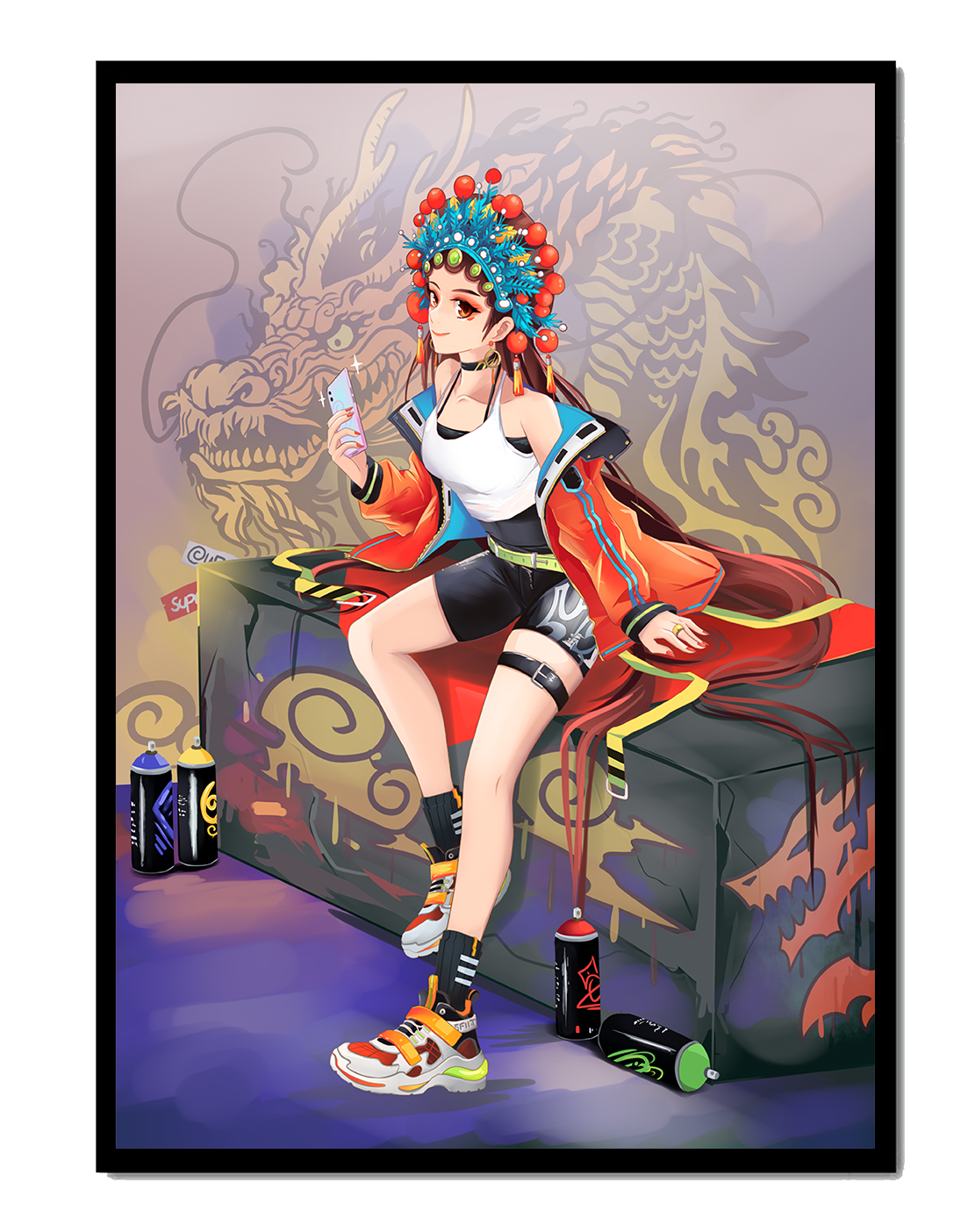 Anime art of a girl in traditional attire with urban elements