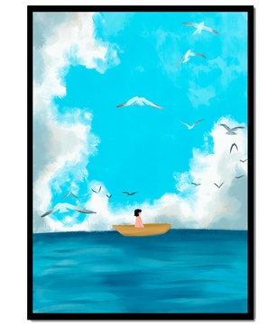 Peaceful seascape illustration with a boat and birds