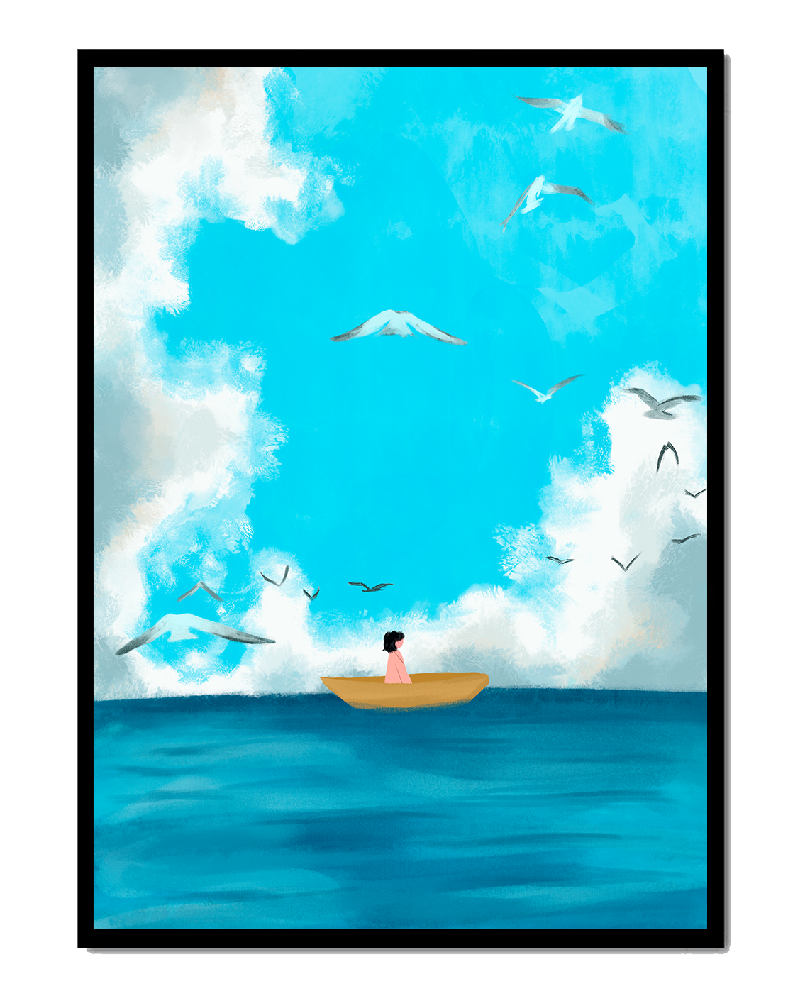 Peaceful seascape illustration with a boat and birds