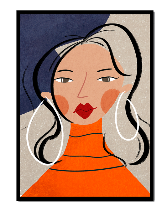 Colorful abstract portrait featuring a woman with red lips and hoop earrings on textured background