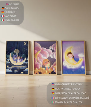 Triptyque d’art pour enfants sur le thème de la lune et des étoiles