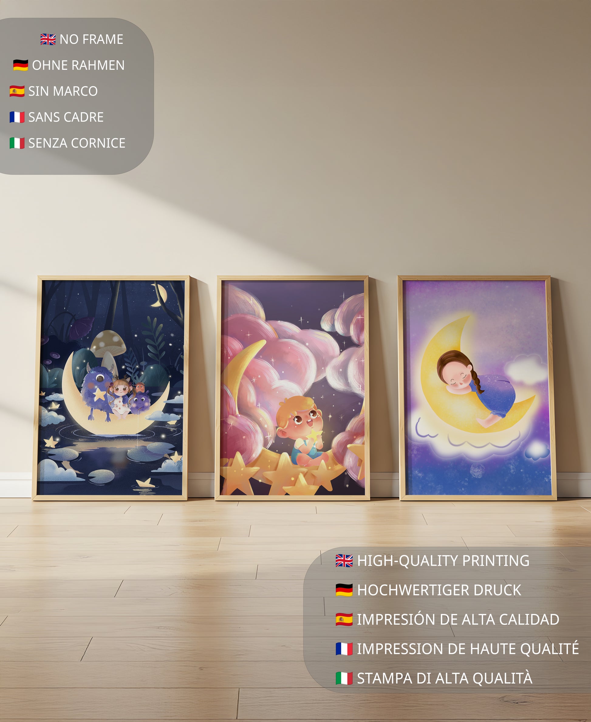 Tríptico de Arte Infantil con Temática de Luna y Estrellas