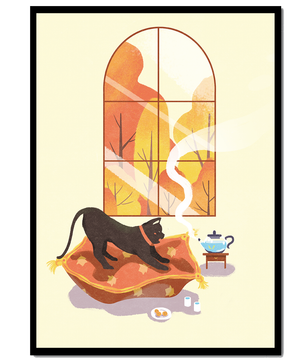 Black Cat Relaxing on Cozy Pillow with Scenic Window View