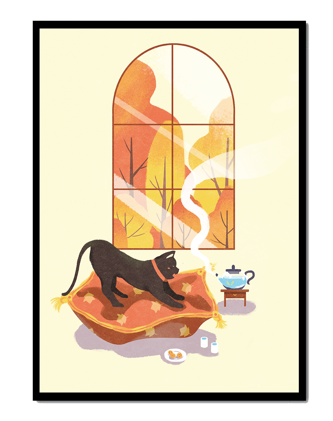 Black Cat Relaxing on Cozy Pillow with Scenic Window View