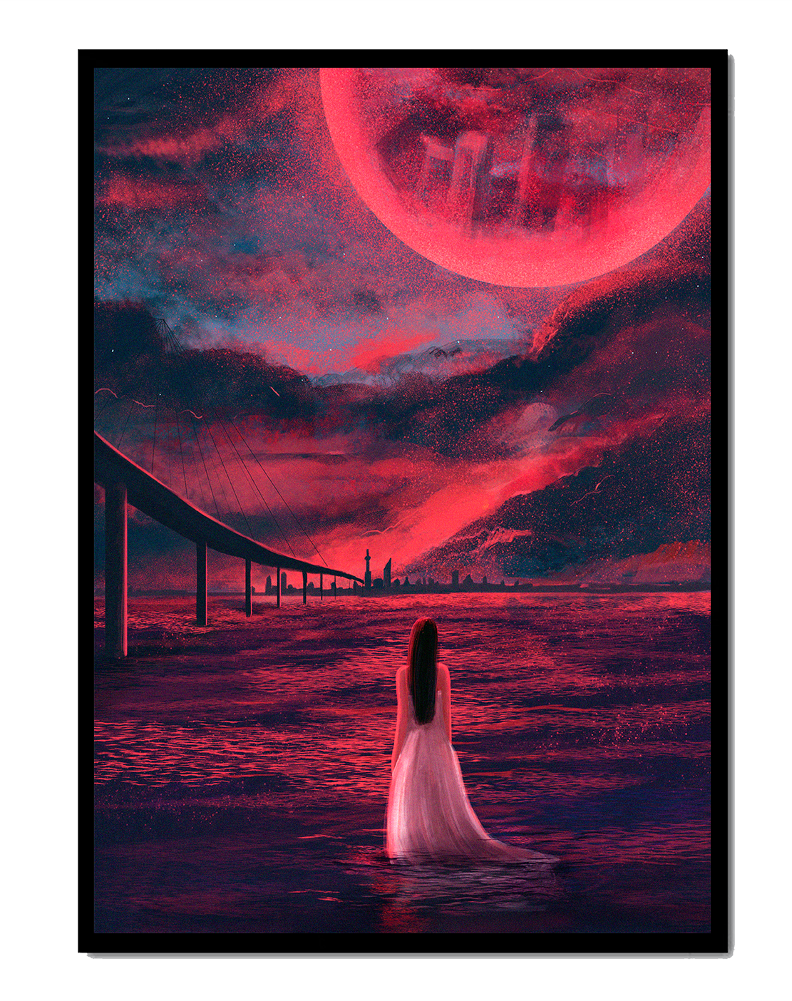 Dreamlike landscape with bridge and red night sky