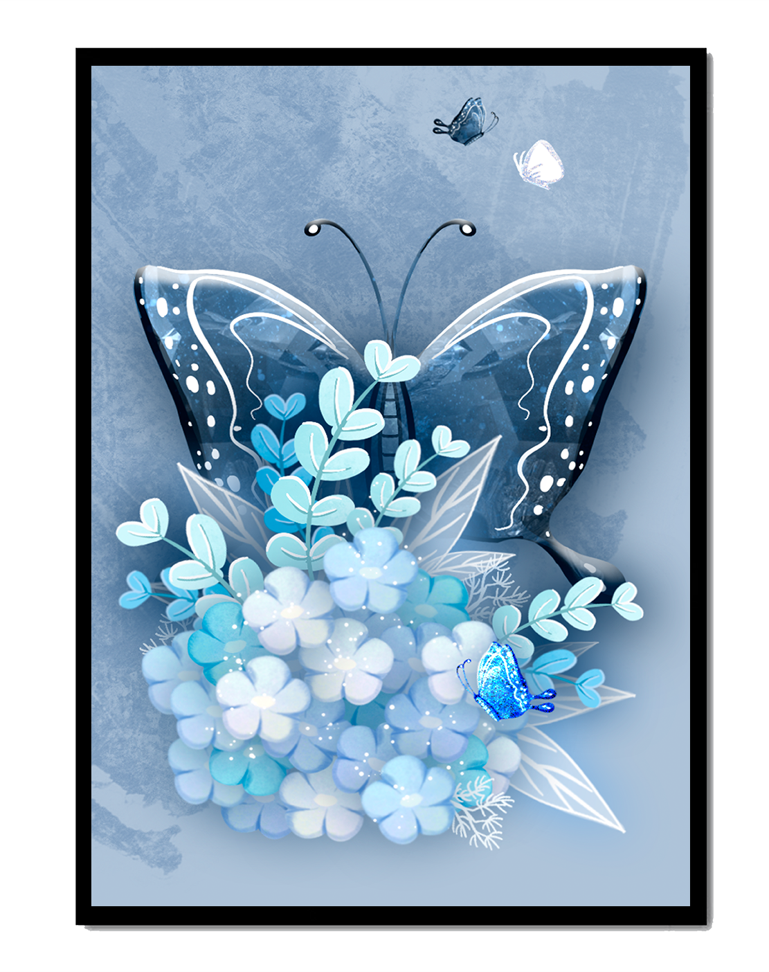 Floral and butterfly digital artwork in calming blue shades