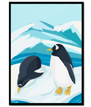 Gentoo penguins in an Antarctic landscape illustration