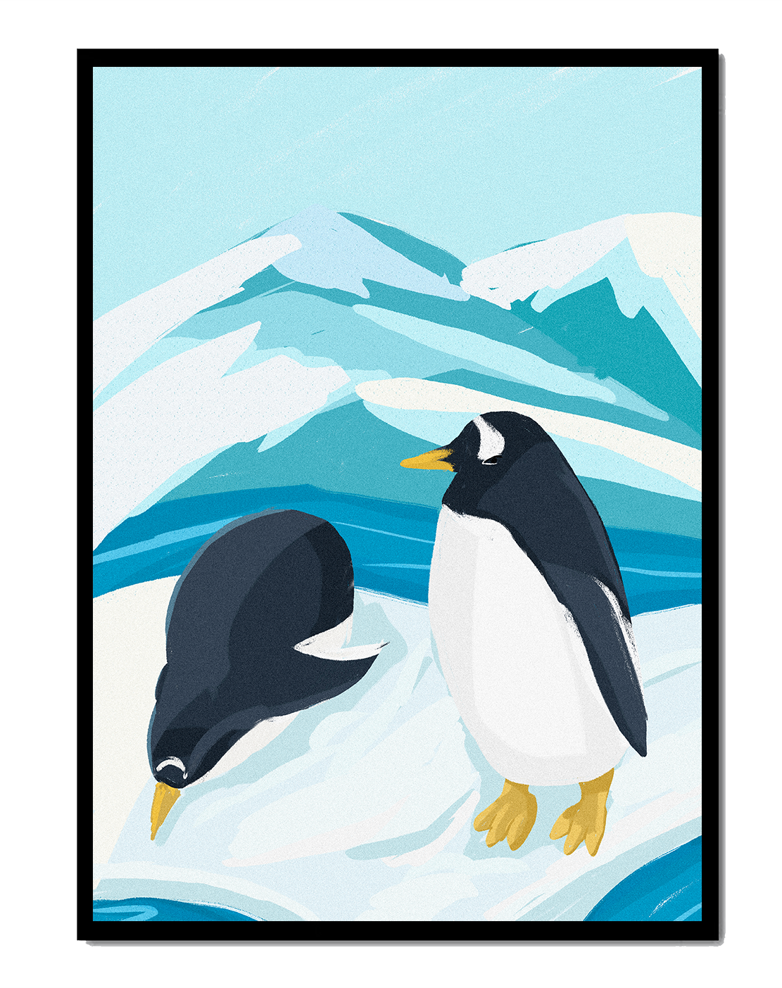 Gentoo penguins in an Antarctic landscape illustration