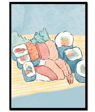 Illustration of assorted sushi rolls with shrimp and salmon on a bamboo mat