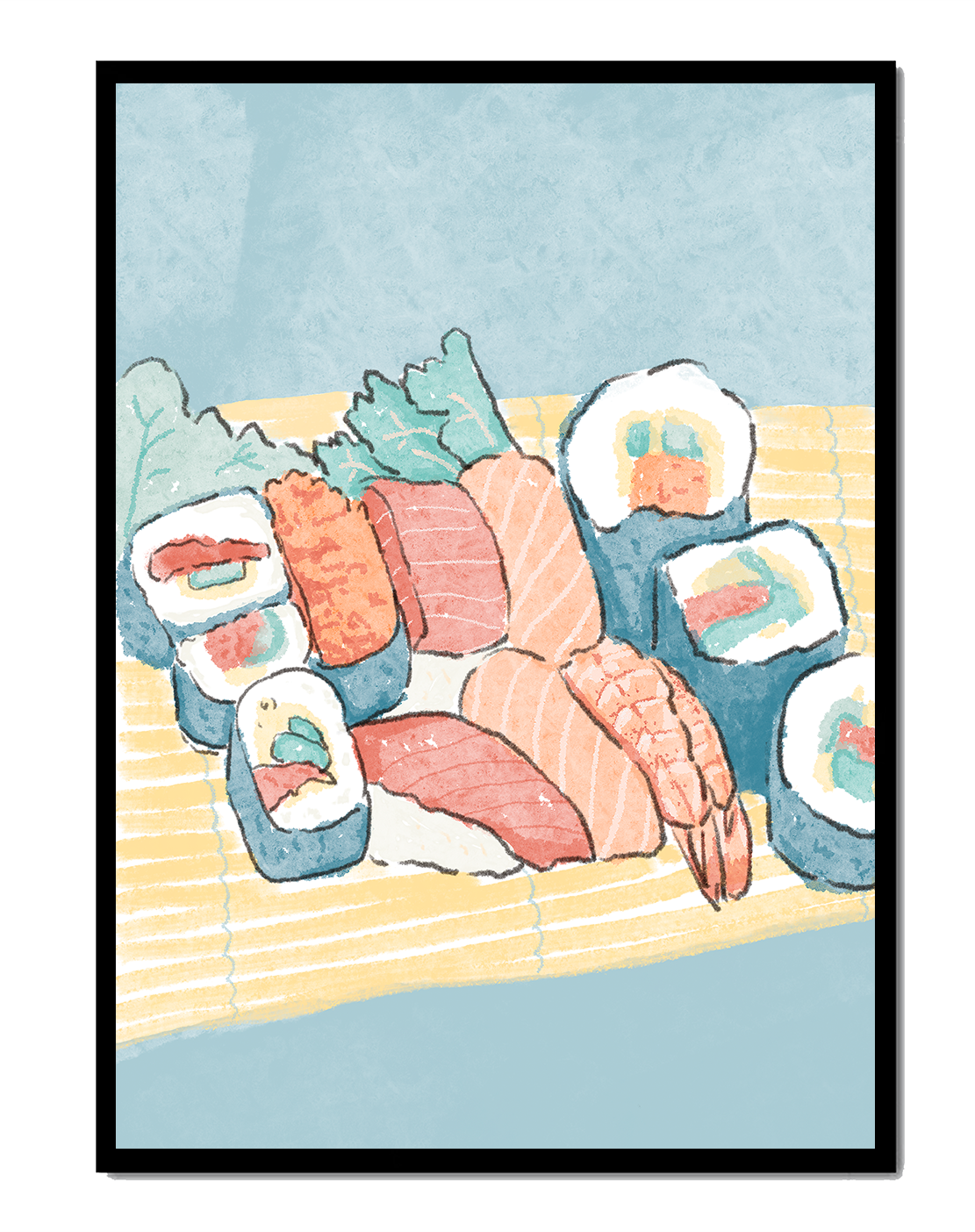 Illustration of assorted sushi rolls with shrimp and salmon on a bamboo mat