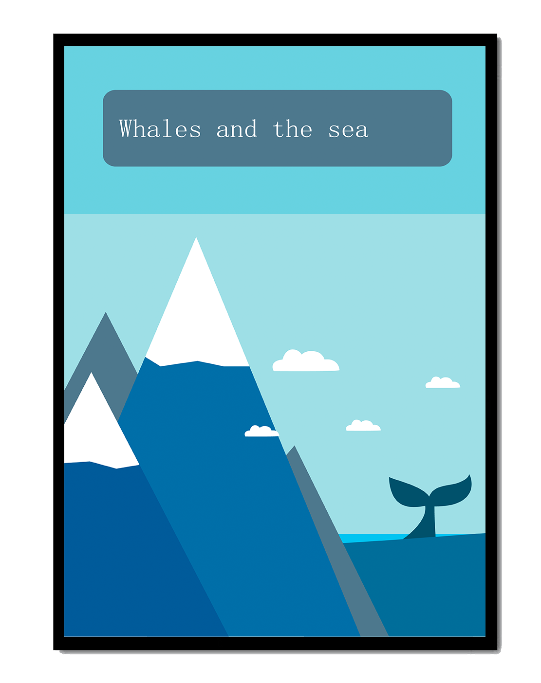 Whale and mountain illustration with sea and sky background