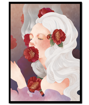 Retrato onírico de una mujer con cabello blanco y flores rojas