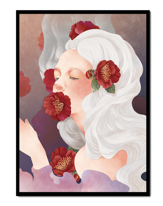 Dreamy Portrait of a Woman with White Hair and Red Flowers