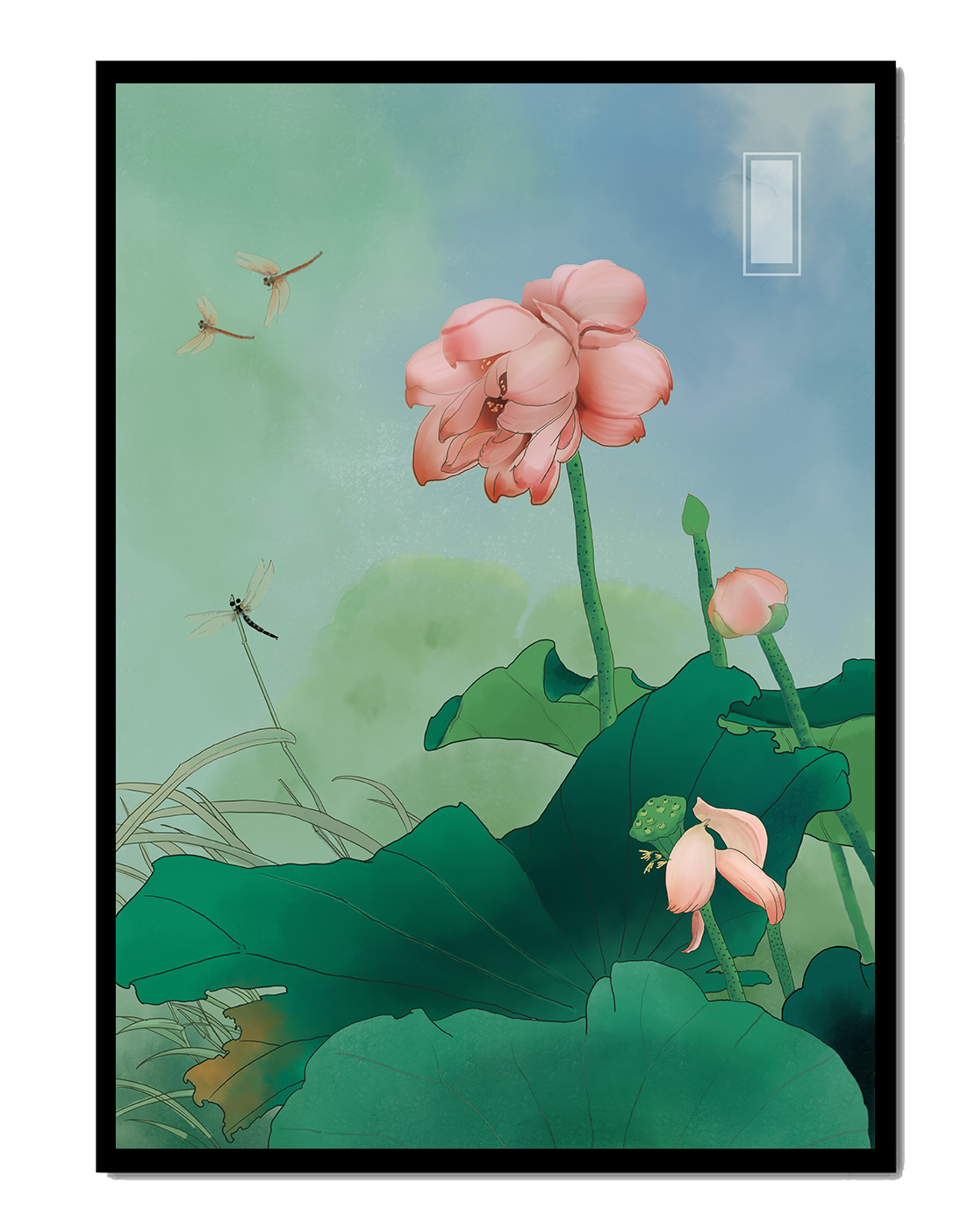 Serene Lotus Flowers with Dragonflies on a Tranquil Day