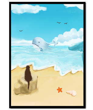 Meeresblick mit Wal und Elemente am Strand