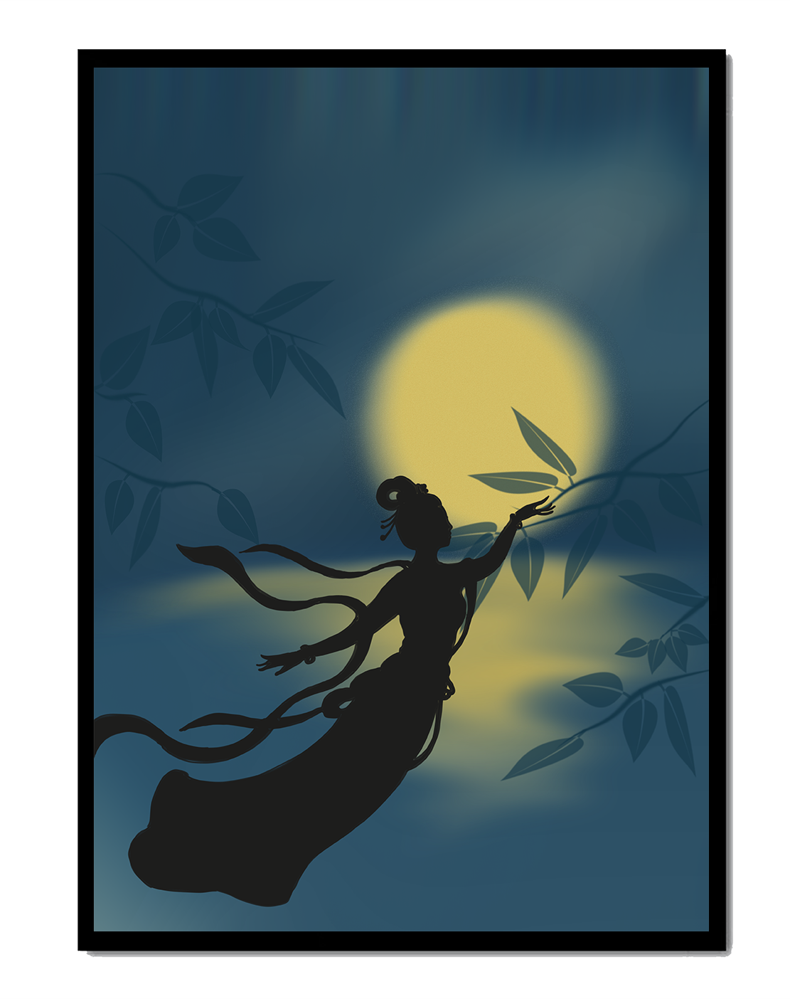 Silhouette of a Woman Reaching for Leaves in Front of a Full Moon