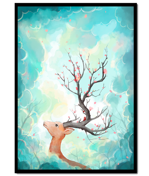 Ciervo surrealista con ramas como cuernos sobre fondo nublado en tonos pastel