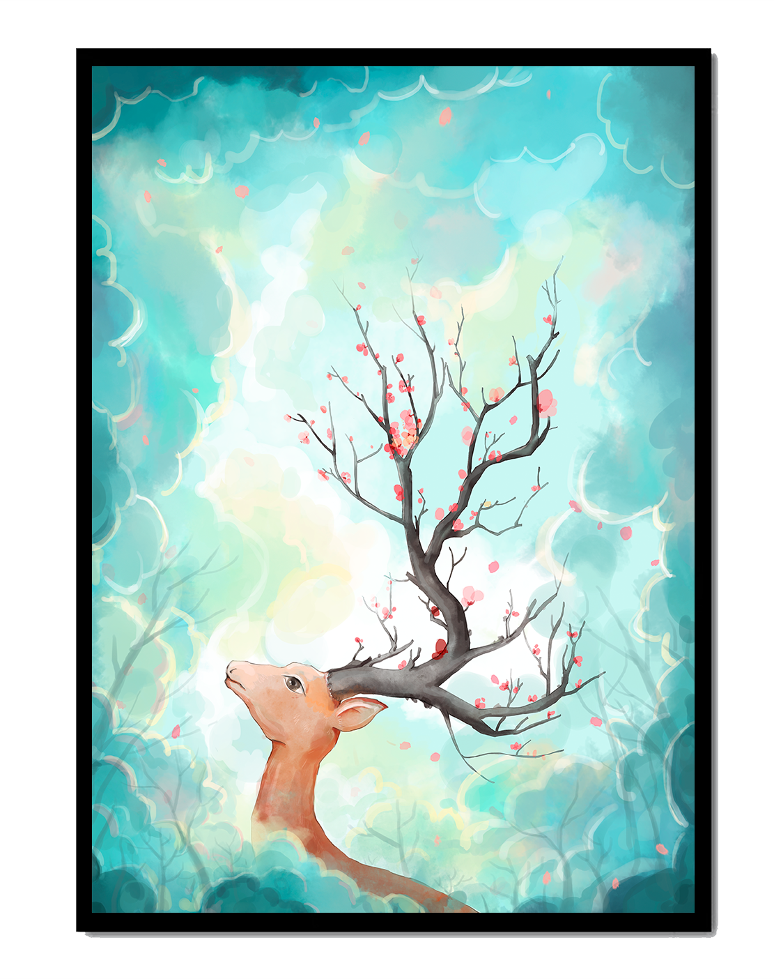 Surreal deer with branches for antlers in a pastel cloudy background
