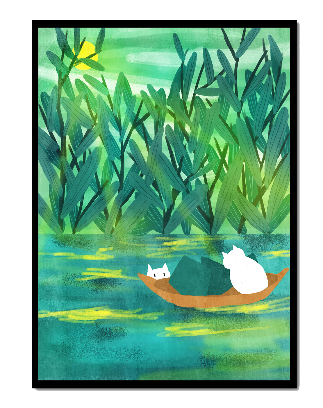 Serene landscape with cats on a boat in lush greenery