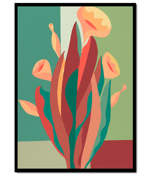 Abstract floral illustration with bold colors and geometric background