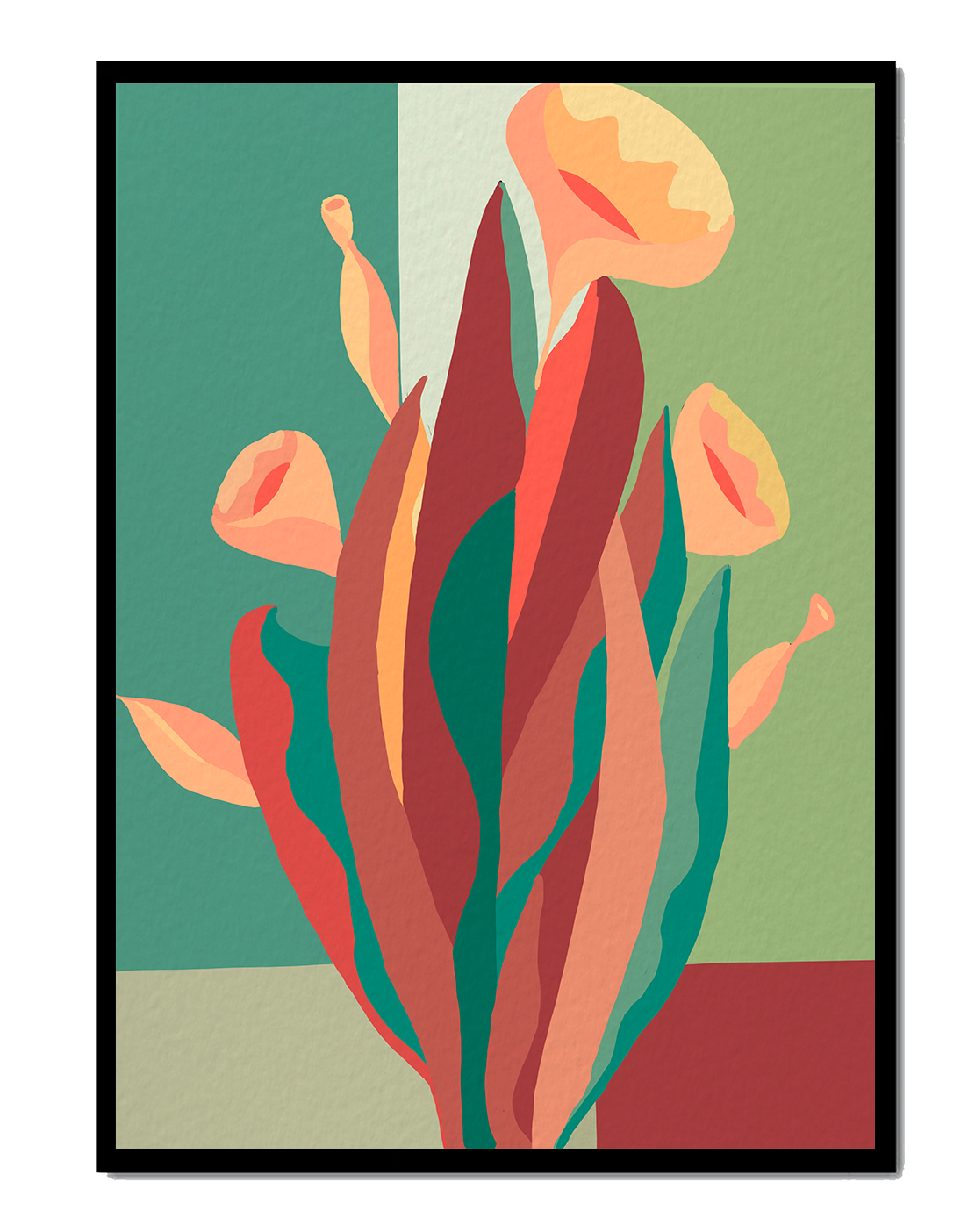 Abstract floral illustration with bold colors and geometric background