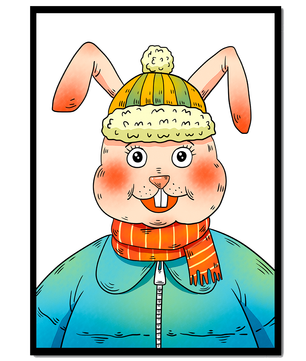Whimsical cartoon bunny in winter attire with a striped scarf and beanie hat