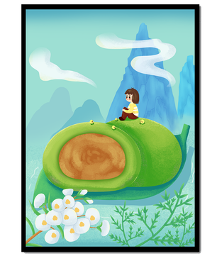 Serene Landscape with Child Sitting on Giant Leaf in Mountainous Fantasy Setting