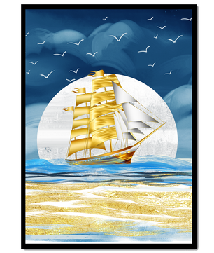 Navire à voile doré sur la mer avec des mouettes et un horizon bleu