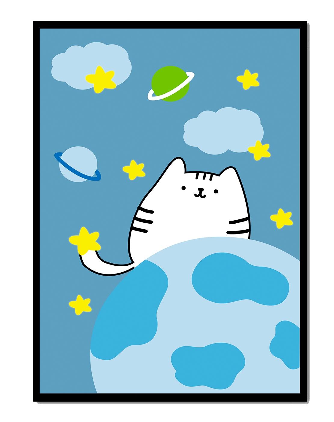 Charming illustration of a kitten in a whimsical space scene with clouds and stars