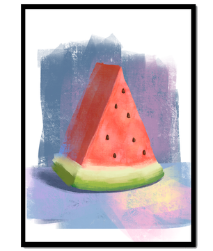Ilustración en acuarela de una rodaja de sandía con fondo abstracto