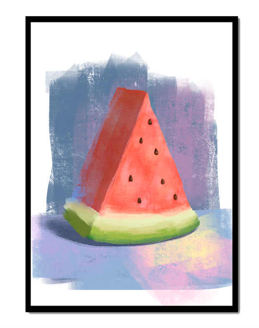 Watercolor illustration of a watermelon slice with abstract background