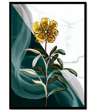 Abstract floral design featuring a golden flower with textured leaves