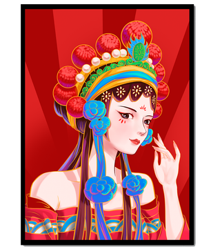 Traditional Asian art depicting stylized woman with ornate headdress